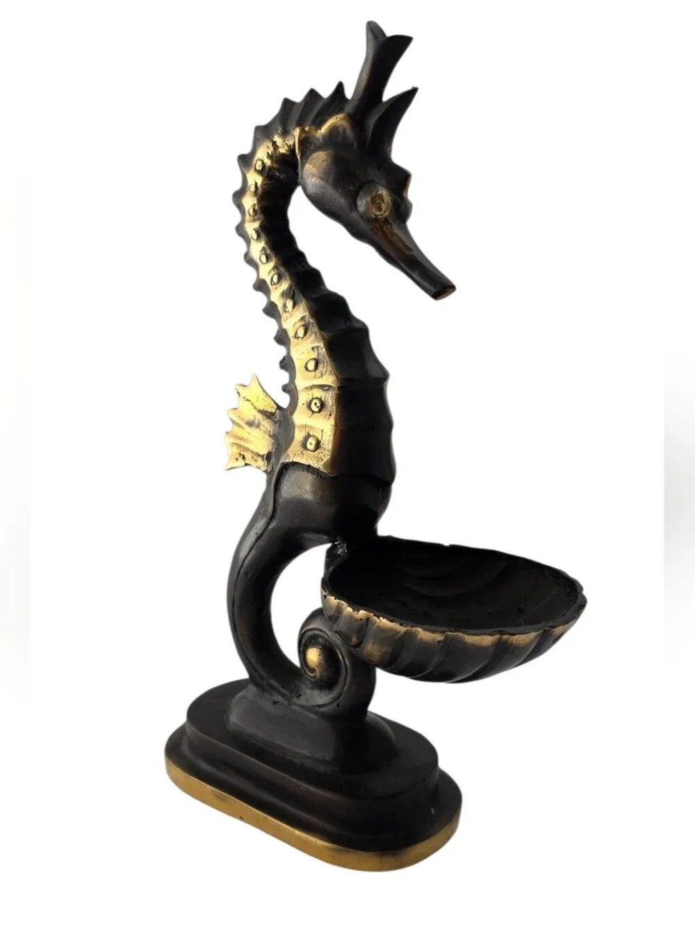 Vintage Cast Brass Seahorse Tealight & Trinket Dish Coastal Vanity Set
